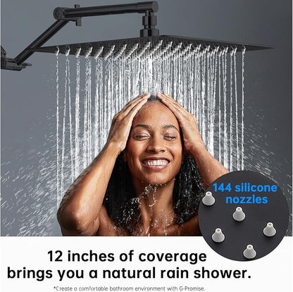 G-Promise 12 Inch All Metal Rain Shower Head with Extension Arm | Built to Last, Rust Resistant, Easy to Install, Adjustable, Full Body Coverage Large Rainfall Shower Head, Daily SPA