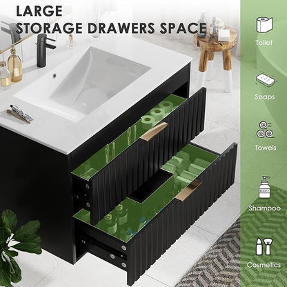 30" Bathroom Vanity with Sink, Floating Bathroom Vanity with 2 Fluted Drawers & Metal Handle, Wall Mounted Cabinets with Integrated Ceramic Sink for Apartment, Home, Black