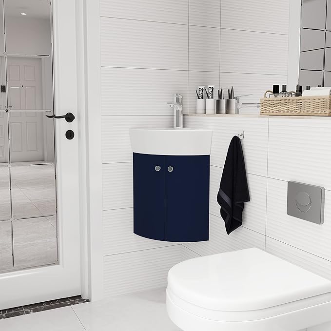 12 Inch Bathroom Vanity with White Sink Combo, Wall-Mounted Bathroom Vanity 2 Door for Small Space, Modern Floating Bathroom Cabinet with Top Basin & Storage Cabinet,Blue