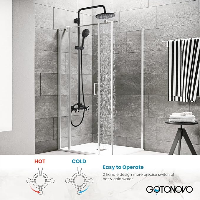 gotonovo Exposed Shower Faucet System 8 Inch Rainfall Shower Head with 8 Function ABS Handheld and Double Cross Handle Wall Mounted Bathroom Luxury Mixer Shower Horizontal Faucet Body Matte Black