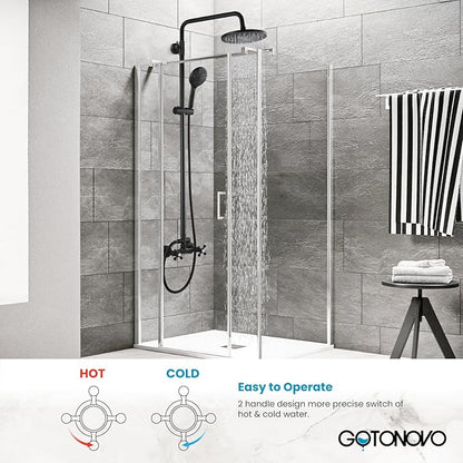 gotonovo Exposed Shower Faucet System 8 Inch Rainfall Shower Head with 8 Function ABS Handheld and Double Cross Handle Wall Mounted Bathroom Luxury Mixer Shower Horizontal Faucet Body Matte Black