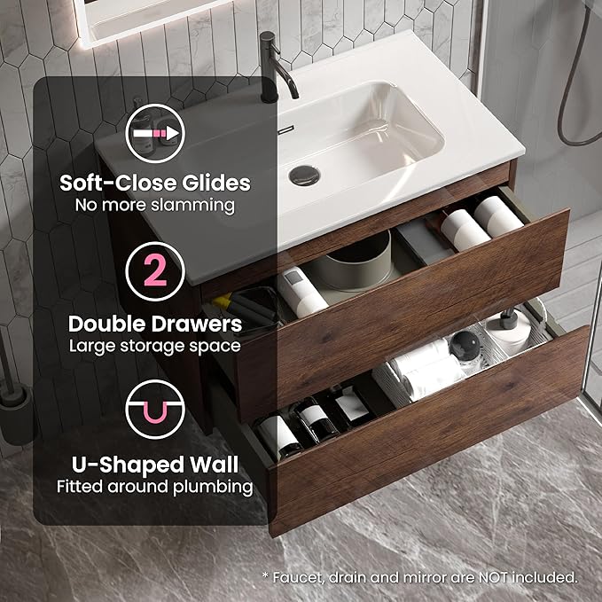 30" Bathroom Vanity with Sink, Modern Floating Vanity with Double Soft Closing Drawers, Large Storage for Small Space, Walnut, Fully Assembled - Iris Collection