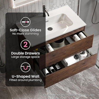 30" Bathroom Vanity with Sink, Modern Floating Vanity with Double Soft Closing Drawers, Large Storage for Small Space, Walnut, Fully Assembled - Iris Collection