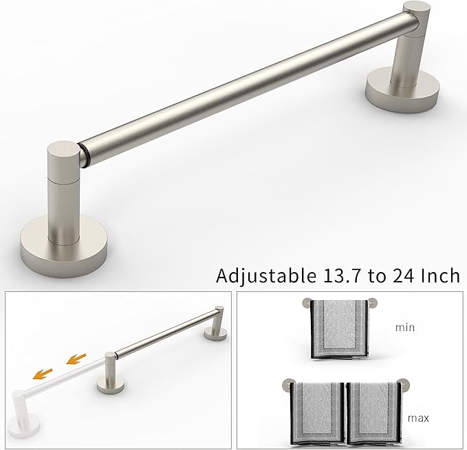 Ruacq Adjustable Towel Bar 13.7 to 24 Inch Bathroom Nickel Single Towel Bar Stainless Steel Modern Wall Mounted Round Towel Holders, Brushed Nickel