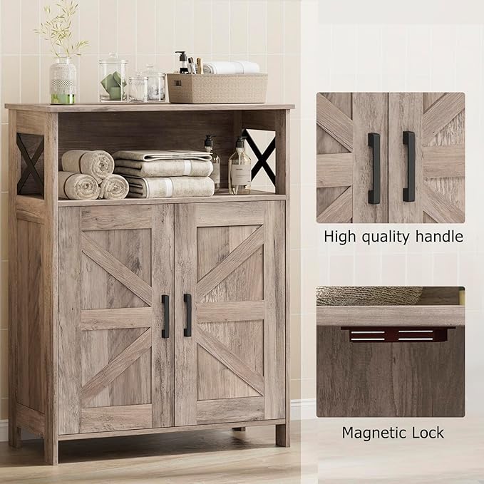 Homhedy Farmhouse Bathroom Storage Cabinet with 2 Doors, Toilet Paper Cabinet with Adjustable Shelves, Small Bathroom Cabinet for Kitchen/Laundry/Living Room, 11.8 x 23.6 x 31.5 Inches, Greige