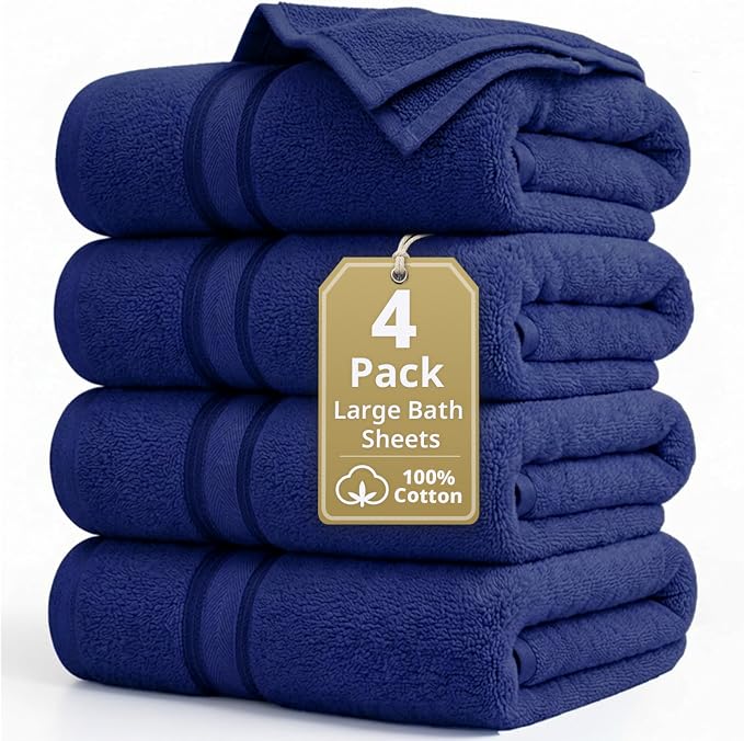 LANE LINEN Bath Sheets - Hotel-Grade Zero Twist Cotton - 4 Piece (35"x66") Oversized Bath Towels Large - Fluffy Cloud-Like Softness & Fade Resistant - Extra absorbent for active households - Navy Blue