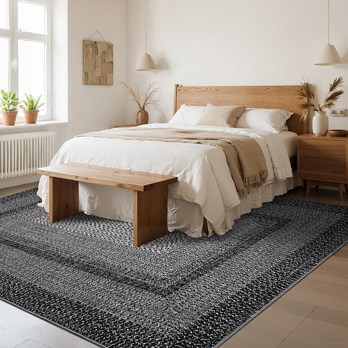 Imitation Braided Collection-Print Living Room Rug 5x7 Washable Rug for Bedroom Modern Non Slip Small Soft Throw Rugs Low Pile Stain Resistant Carpet for Entryway Office Nursery Dining Room