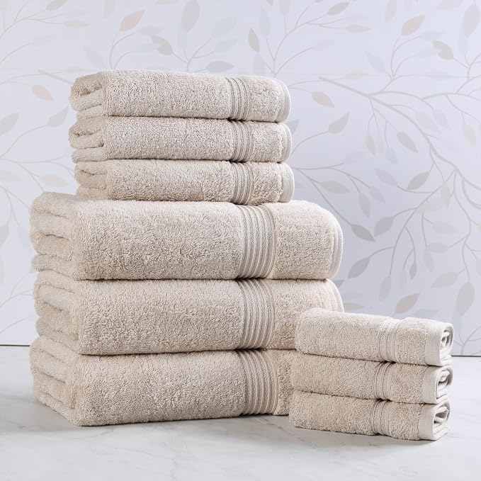 SUPERIOR Egyptian Cotton 9-Piece Towel Set, Assorted Towels for Home Bathroom, Master, Guest Bath, Decor Essentials, Includes 3 Bath, 3 Hand, 3 Face Towels/Washcloths, Quick Dry, Absorbent, Stone