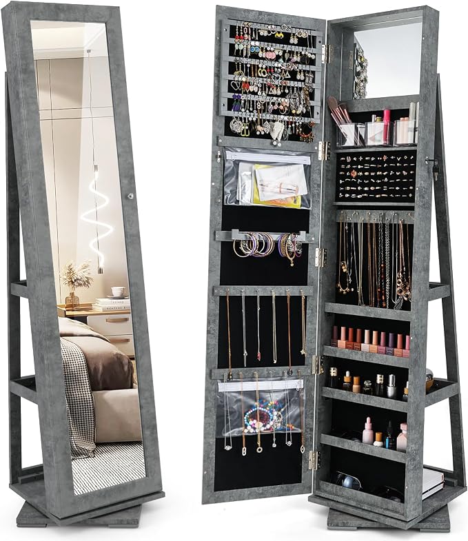 GOFLAME 360° Rotating Jewelry Armoire, Lockable Jewelry Cabinet with Full-Length Mirror & Inner Makeup Mirror, Standing Jewelry Storage Organizer with Rear Storage Shelves, Stone Gray