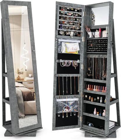 GOFLAME 360° Rotating Jewelry Armoire, Lockable Jewelry Cabinet with Full-Length Mirror & Inner Makeup Mirror, Standing Jewelry Storage Organizer with Rear Storage Shelves, Stone Gray