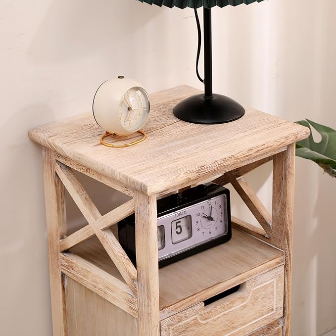 Fully Assembled 30in Height Nightstand, Pre- Assembled Bathroom Floor Cabinet with Shelf and Storage Drawer, Tall End Table No Assembly Chest for Living Room Bedroom-Distressed White