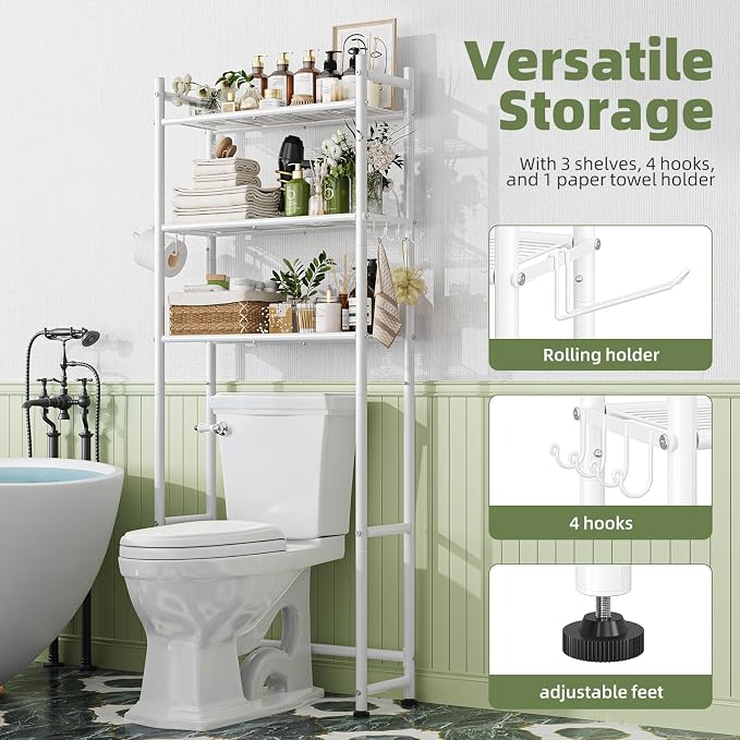 Simple Trending 3-Tier Over Toilet Storage Rack with Paper Holder & Hooks | Heavy Duty Metal Bathroom Organizer Shelf Over Toilet, Freestanding Space Saving Bathroom Cabinet for Laundry, White