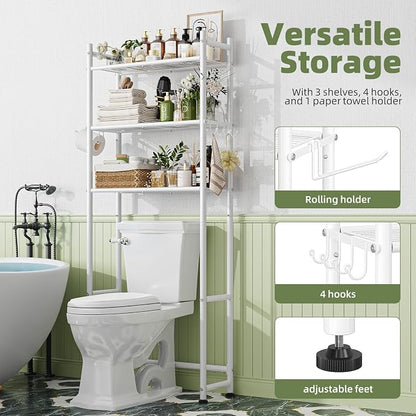 Simple Trending 3-Tier Over Toilet Storage Rack with Paper Holder & Hooks | Heavy Duty Metal Bathroom Organizer Shelf Over Toilet, Freestanding Space Saving Bathroom Cabinet for Laundry, White