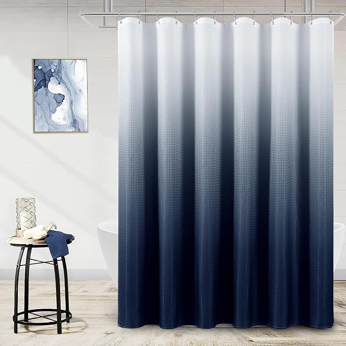 Shower Curtain 72 inches Long 6FT for Bathroom 1 Panel Navy Blue | Ombre Waffle, Shower Curtains with Hook, Water Repellent, Boho Farmhouse, Simple Modern Bath Decor, 72x72