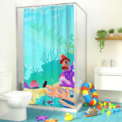 Cartoon Turquoise Underwater Coral Kids Shower Curtain Set 36x72 Inches | Cartoon Underwater Coral Print, Cute Beach Decor for Boys and Girls, Ideal for Kids Stall Bathroom & Housewarming Gift