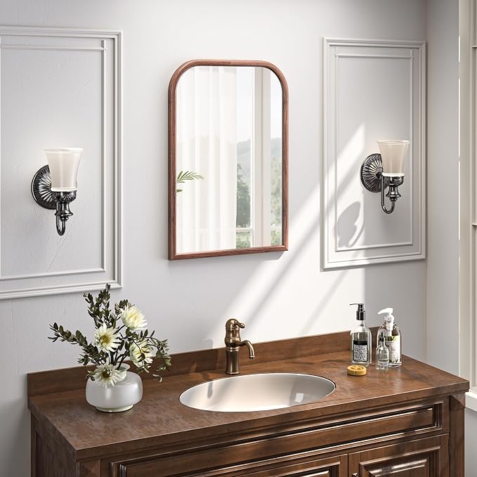 20"x30" Arch Wall Mirror for Wall, Wall Mounted Vanity Mirror for Bedroom, Wood Grain Finish Frame Mirror with Tempered Glass, Vintage Decorative for Bathroom, Entryway, Living Room, Walnut