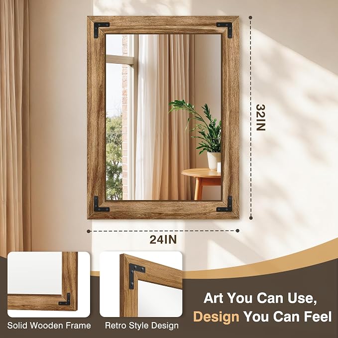Bathroom Mirror for Wall, 24" x 32" Wooden Vanity Mirror | Solid Wood Frame, Rustic Farmhouse Style, Shatterproof Glass, for Bedroom, Living Room, Entryway Decor, Vertical/Horizontal