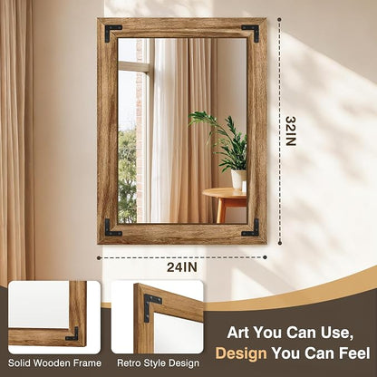 Bathroom Mirror for Wall, 24" x 32" Wooden Vanity Mirror | Solid Wood Frame, Rustic Farmhouse Style, Shatterproof Glass, for Bedroom, Living Room, Entryway Decor, Vertical/Horizontal