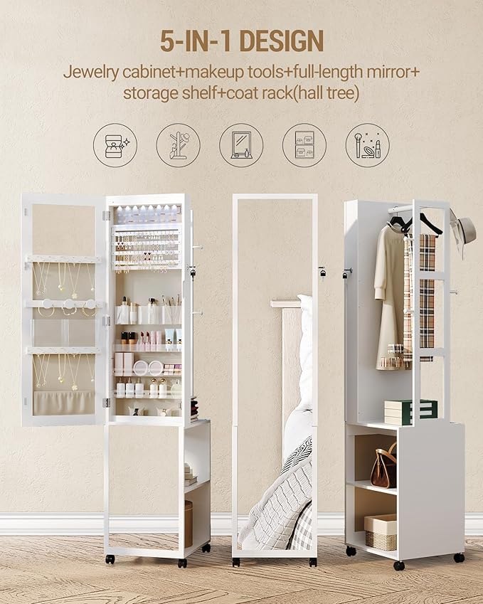 Hzuaneri 8 LEDs Jewelry Cabinet Armoire, 66.9-inch Jewelry Organizer | Lockable Full-length Mirror with Garment Rack & 4 Wheels, Storage Shelves with Hooks, 5-in-1, White and Beige JC17003BE
