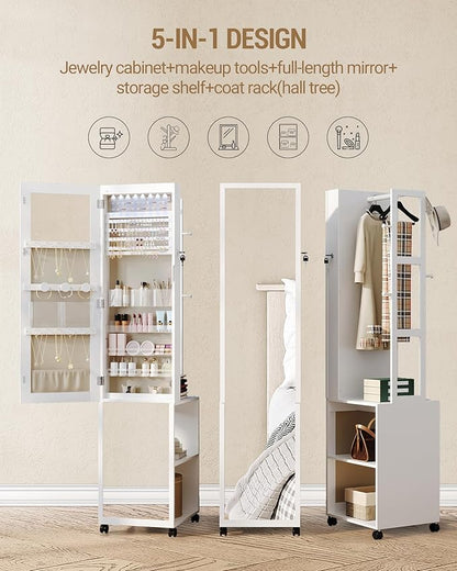 Hzuaneri 8 LEDs Jewelry Cabinet Armoire, 66.9-inch Jewelry Organizer | Lockable Full-length Mirror with Garment Rack & 4 Wheels, Storage Shelves with Hooks, 5-in-1, White and Beige JC17003BE