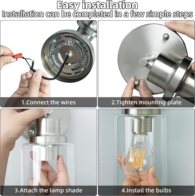 GORDNWE Modern Bathroom Wall Sconce, Brushed Nickel Vanity Light Fixture | E26 Bulb Base, Clear Glass Shade, Wall Light Fixture for Mirror, Bedroom, Hallway