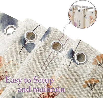 Purple Linen Watercolor Floral Fabric Shower Curtain, 72x72 | Linen Fabric, Modern Minimalist Floral Print, Machine Washable, Rustproof Grommets, for Bathroom Home