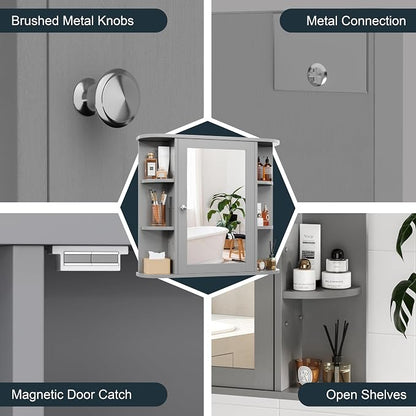 DL-win Bathroom Medicine Cabinet with Mirror, Wall Mounted Home Storage with Door, Over The Toilet Space Saver Storage Cabinet, Bathroom Cabinet Wall Mounted, Grey