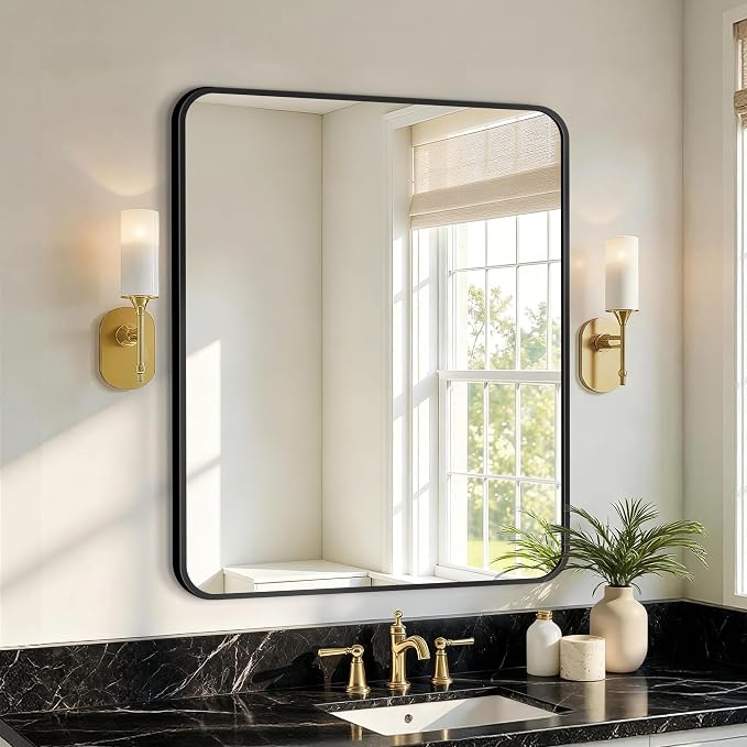 Vanity Bathroom Mirror, 30”x24” Black Bathroom Mirror for Over Sink | HD Tempered Glass, Anti-Rust Frame, Vertical or Horizontal, Wall Mirrors for Bathroom Sink, Living Room, Entryway, Bedroom