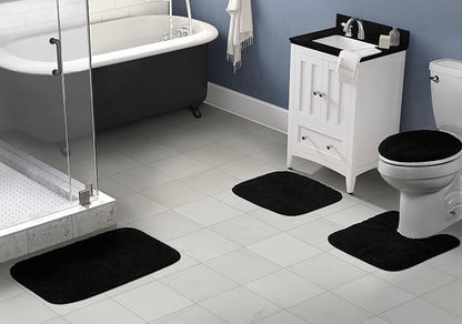 Garland Rug Traditional Nylon Washable Black 4 Piece Set - Lid, Contour, 2 Bath Rugs - Soft, Absorbent, and Stylish for Your Bathroom