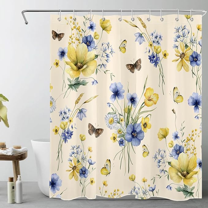 HVEST Wildflower Shower Curtain for Bathroom, Blue and Yellow Floral and Wheat with Butterfly Shower Curtain with Hook, Country Daisy Flower on Beige Shower Curtain Set Bathroom Decor, 60X72 inch