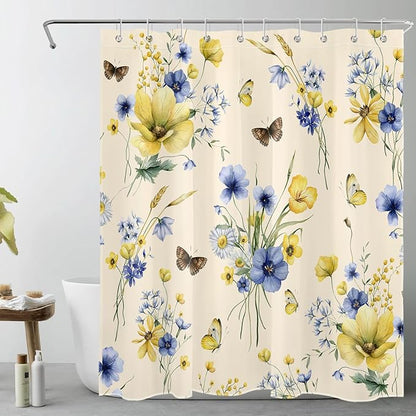 HVEST Wildflower Shower Curtain for Bathroom, Blue and Yellow Floral and Wheat with Butterfly Shower Curtain with Hook, Country Daisy Flower on Beige Shower Curtain Set Bathroom Decor, 60X72 inch