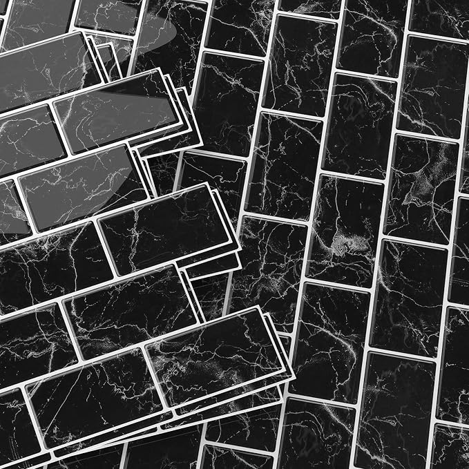 Peel and Stick Backsplash for Kitchen, Black | 10 pack self‑adhesive tiles for backsplash, bathroom, or accent wall. Easy DIY install and wipeable. Covers approx. 10 sq ft.