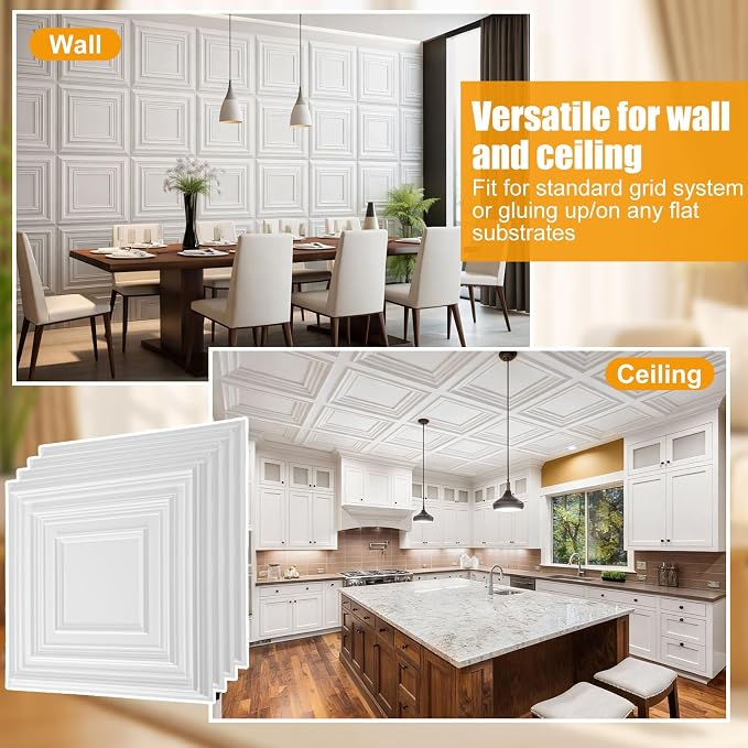 Nuanchu 60 Pcs Drop Ceiling Tiles 12x12 Inch, Glue up PVC Wall Panels,White | Cuttable, Paintable, DIY, Waterproof, 3D Decorative Ceiling Panels for Bathroom Kitchen TV Background Living Room