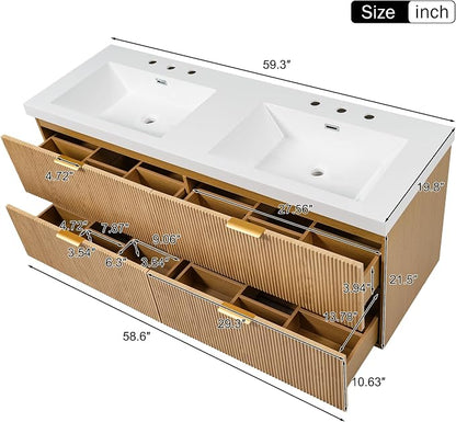 60 in Floating Bathroom Vanity with Double Sink Bathroom Vanity with Soft-Closing,Modern Fluted Bathroom Sink Cabinet,Wall-Mounted (Wood w/4 Drawers,59.3 Inch)