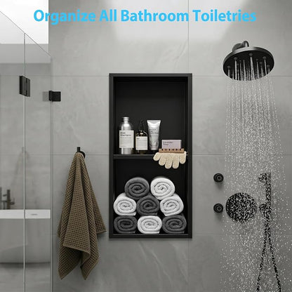 304 Stainless Steel Shower Niche 12” x 24” for Bathroom Storage | Matte Black Recessed Shower Niche No Tile Needed with 2-Tier Shelves for Bathroom Space Saving