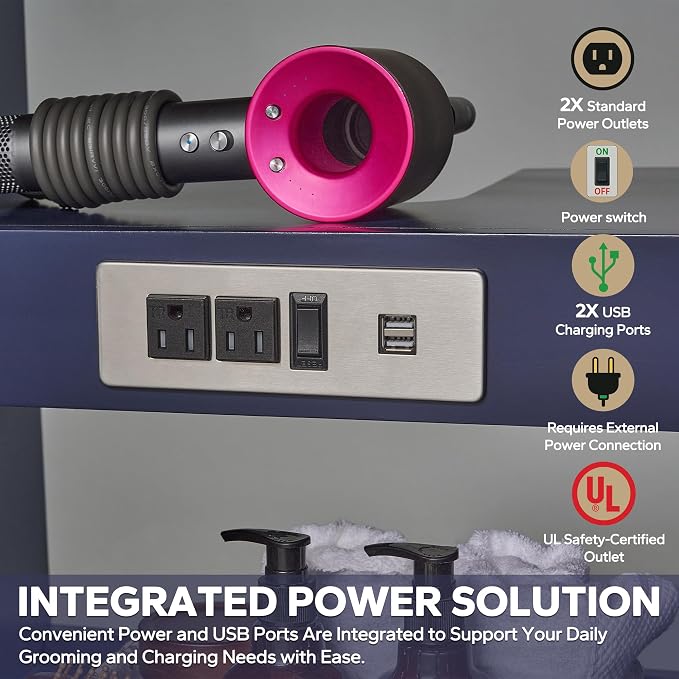 48-inch Bathroom Vanity with Sink, Solid Wood, 0.79-inch Stone Countertop and Backsplash, 9 Drawers, 2 Soft Closing Doors -Royal Blue