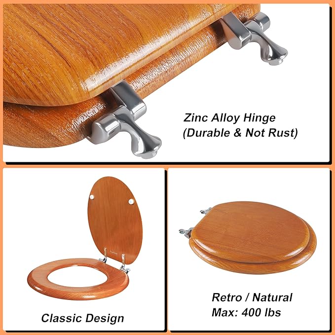 Angel Shield Durable Wood Veneer Natural Toilet Seat Metal Hinged Easy Clean Anti-scratch American Standard(Elongated,Wood Color)
