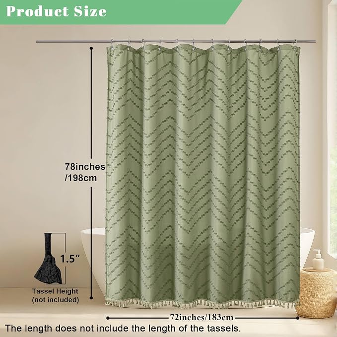 Light Green Fabric Shower Curtain, Boho Shower Curtains for Bathroom Chic Tufted Chevron Striped Textured with Tassel, Soft Hotel Style Farmhouse, Machine Washable, 72x78, Light Green