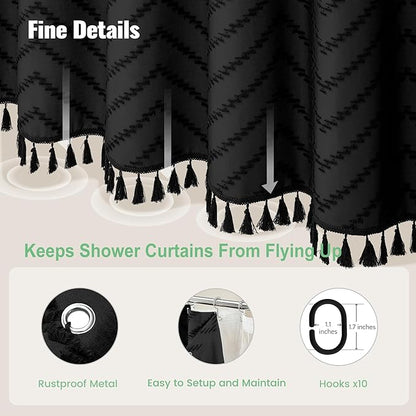 Dynamene Stall Shower Curtain and Liner Set - 60 x 84 inch Long Boho Shower Curtain and Waterproof Clear Liner, Tufted Chevron Striped Tassel Shower Curtains for Bathroom, 10 Hooks, 60x84, Black