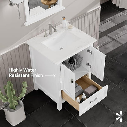 Eviva Britney 24 in. White Single Sink Bath Vanity with Carrara Quartz Top and Undermount Porcelain Sink