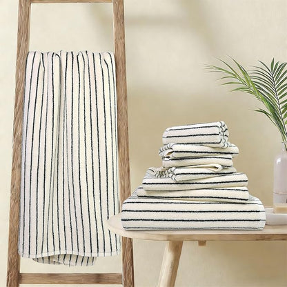 8 Piece Black and Ivory Towel Set, Super Soft & Absorbent Cotton Striped | Towels for Bathroom Decor, 2 Bath, 2 Hand, 4 Washcloths