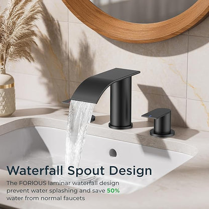 FORIOUS Upgrade Matte Black Bathroom Faucets 3 Hole, Waterfall 8 Inch Widespread Bathroom Sink Faucet with Pop-up Drain and Supply Lines, Two Handles for Vanity, Farmhouse, School Sink