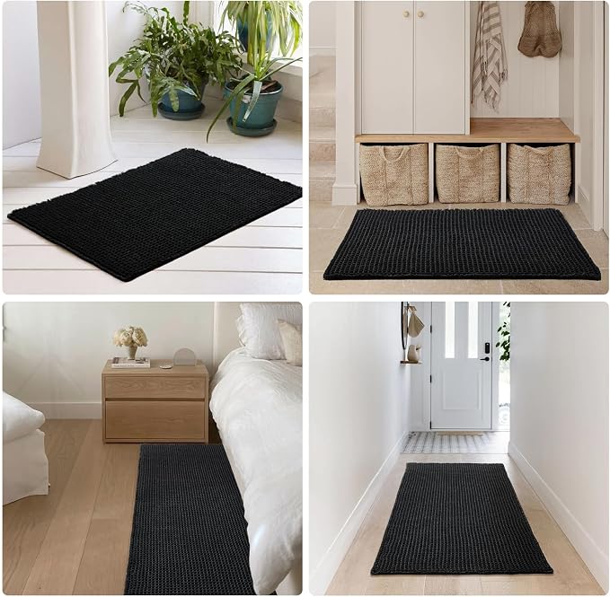 TYUU Black Waffle Bath Mat, Boho Bathroom Rugs Non Slip Washable, 48x24 | Super Absorbent Quick Dry Bath Rug, Non-Slip Backing, Soft Waffle Washable Farmhouse Bathroom Mats, Tub, Shower & Home Decor
