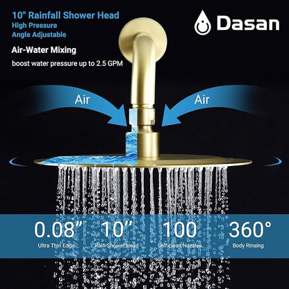 DASAN Tub Shower Faucets Sets Complete Bathtub Faucet Set Brushed Gold Bathtub Shower System with Tub Spout, Bathroom Tub and Shower Faucet Combo Trim Kit with Rough-in Valve, DA-SS03BG-R10W