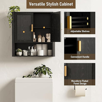 Bathroom Wall Cabinet, Wall-Mounted Medicine Cabinet with Adjustable Wood Shelf & Doors, Floating Bathroom Cabinet Over Toilet for Laundry Room & Kitchen & Living Room (Black)