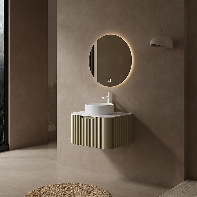 Yayzy 24" Floating Bathroom Vanity with Sink, Solid Wood Fluted Cabinet, White Round Ceramic Basin & Faux Marble Top, Soft-Close Drawer, Pre-Assembled, Light Green