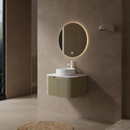 Yayzy 24" Floating Bathroom Vanity with Sink, Solid Wood Fluted Cabinet, White Round Ceramic Basin & Faux Marble Top, Soft-Close Drawer, Pre-Assembled, Light Green
