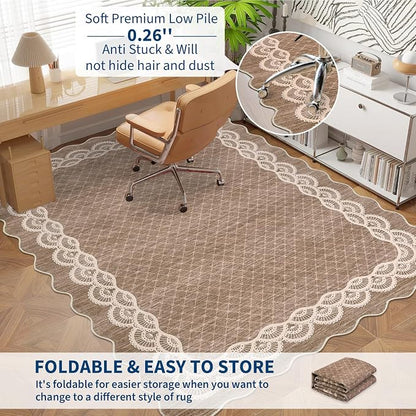 GarveeHome Washable Scalloped Rug 9x12 Area Rugs, Modern Neutral Living Room Rugs, Large Washable Farmhouse Carpet Abstract Bordered Carpet for Bedroom Apartment Table Dorm Nursery, Brown
