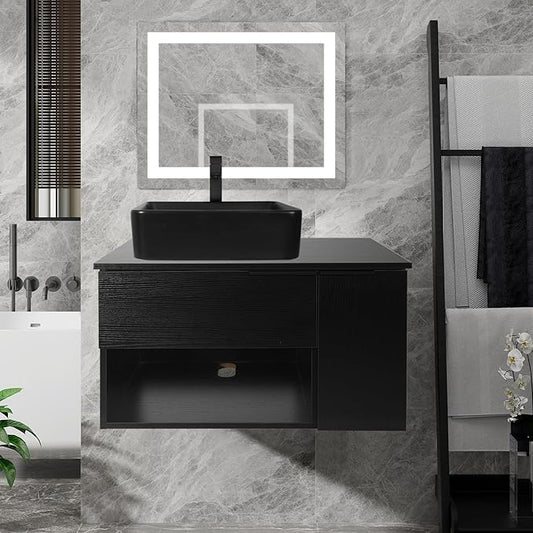 28 Inch Black Floating Bathroom Vanity with 1-Door and 1-Drawer, Modern Wall Mounted Cabinet with Black Ceramic Vessel Sink