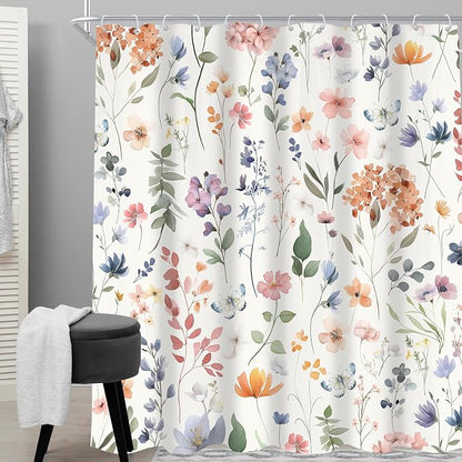 Boho Flower Extra Long Wildflower Girly Floral Bathroom Shower Curtain Set | 72"W x 84"H Leaves Botanical; waterproof HD print, quick-dry fabric and plastic hooks for easy setup.